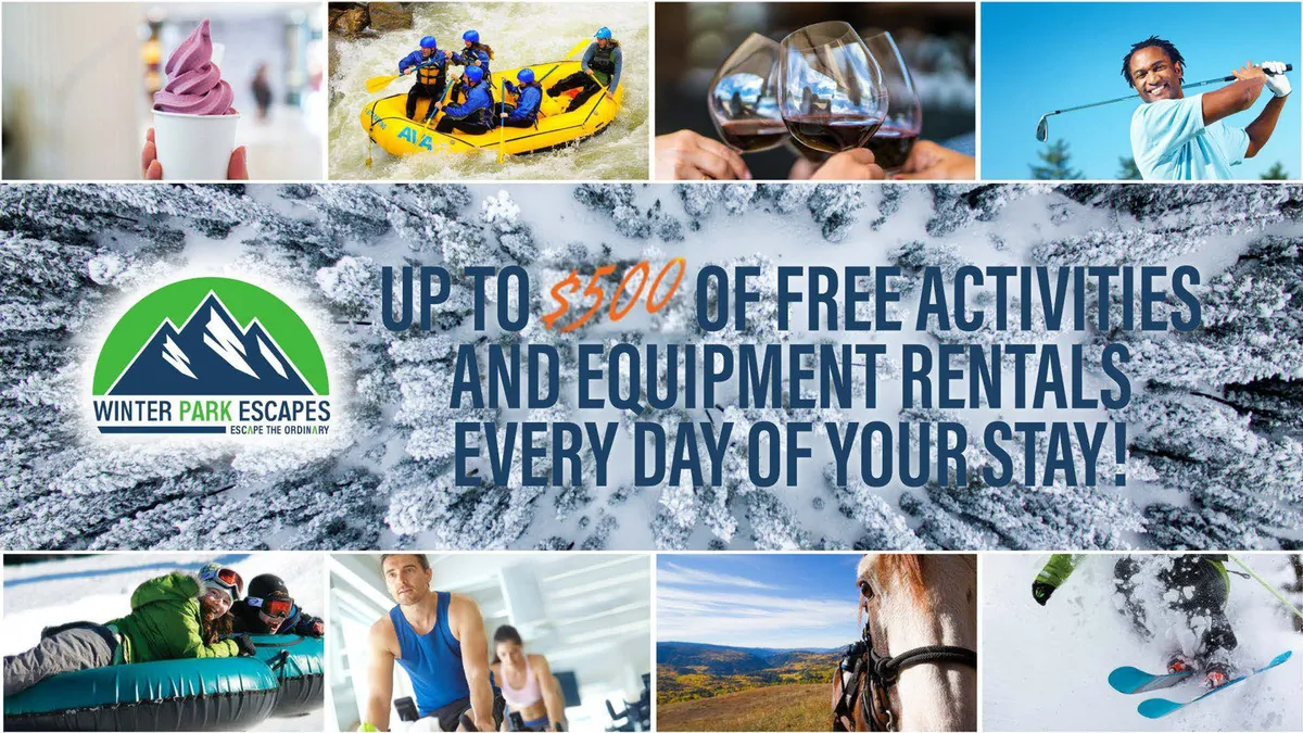 A vibrant collage of interior activity vignettes, including rafting, skiing, horseback riding, golfing, wine tasting, and ice cream—each scene radiating adventure and the variety of curated experiences available to guests.