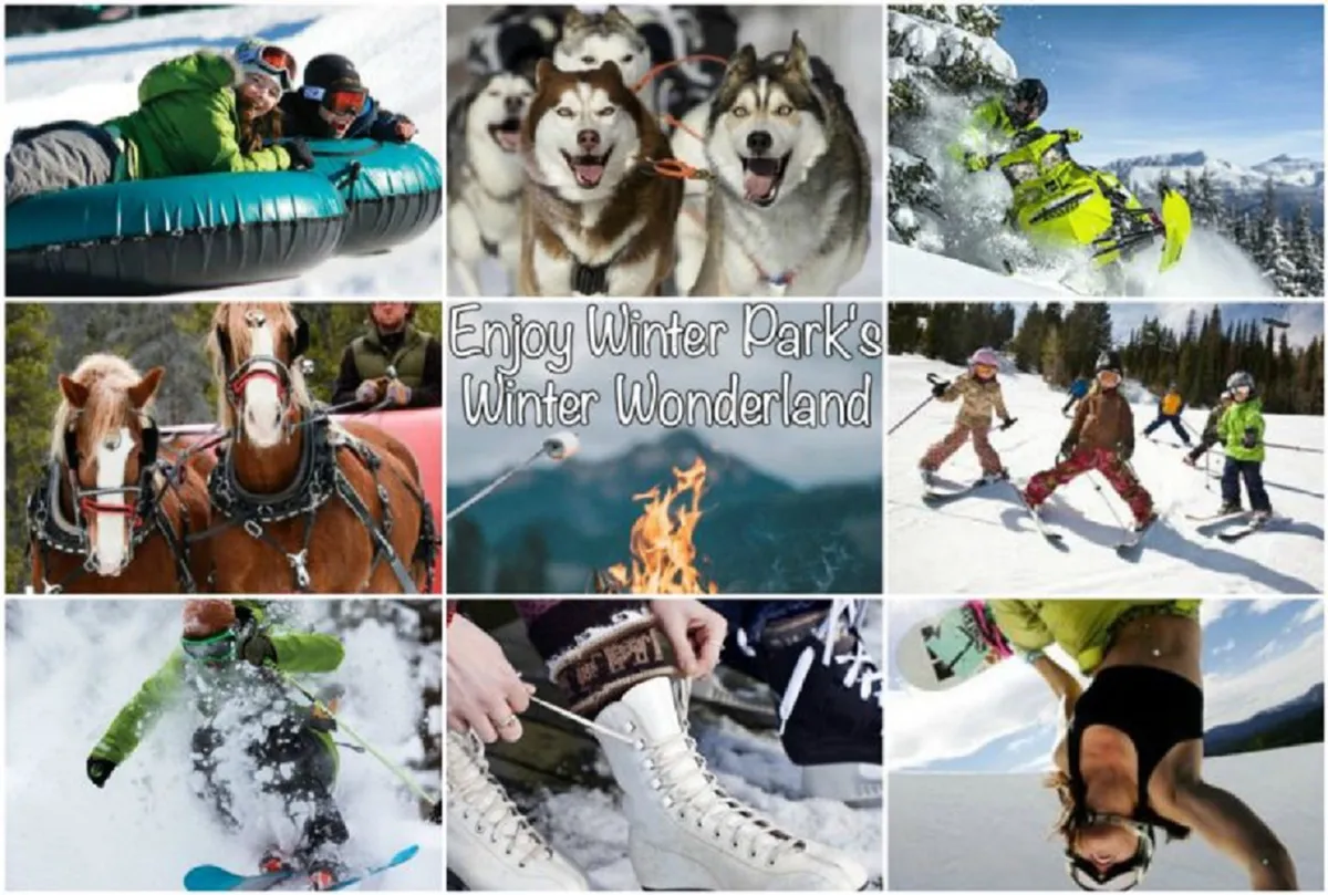 A lively winter scene featuring children tubing, huskies and sled dogs, people skiing and snowboarding, families gathered around a fire pit, and children playing in the snow. The image is packed with winter activities and has a joyful, adventurous vibe.