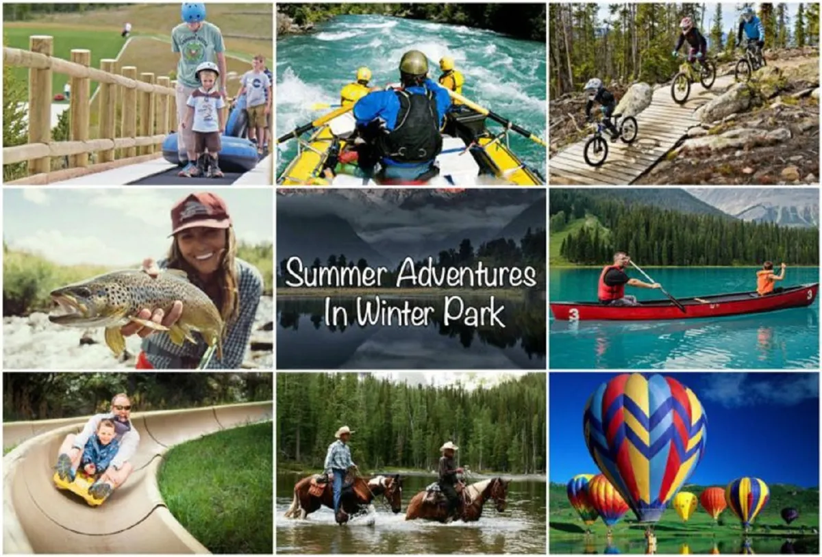 A vibrant scene featuring families engaging in a mix of outdoor activities: water sports like rafting and kayaking, mountain biking, fishing, and even hot air ballooning. The background includes scenic landscapes that evoke exploration and year-round adventure.